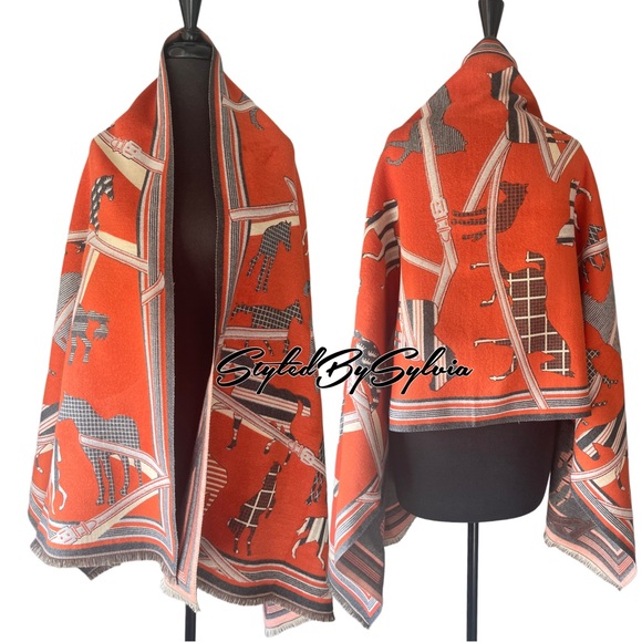 EQUESTRIAN Orange Oversized Shawl Scarf Wrap for HER🧡MES Lovers - Picture 1 of 10
